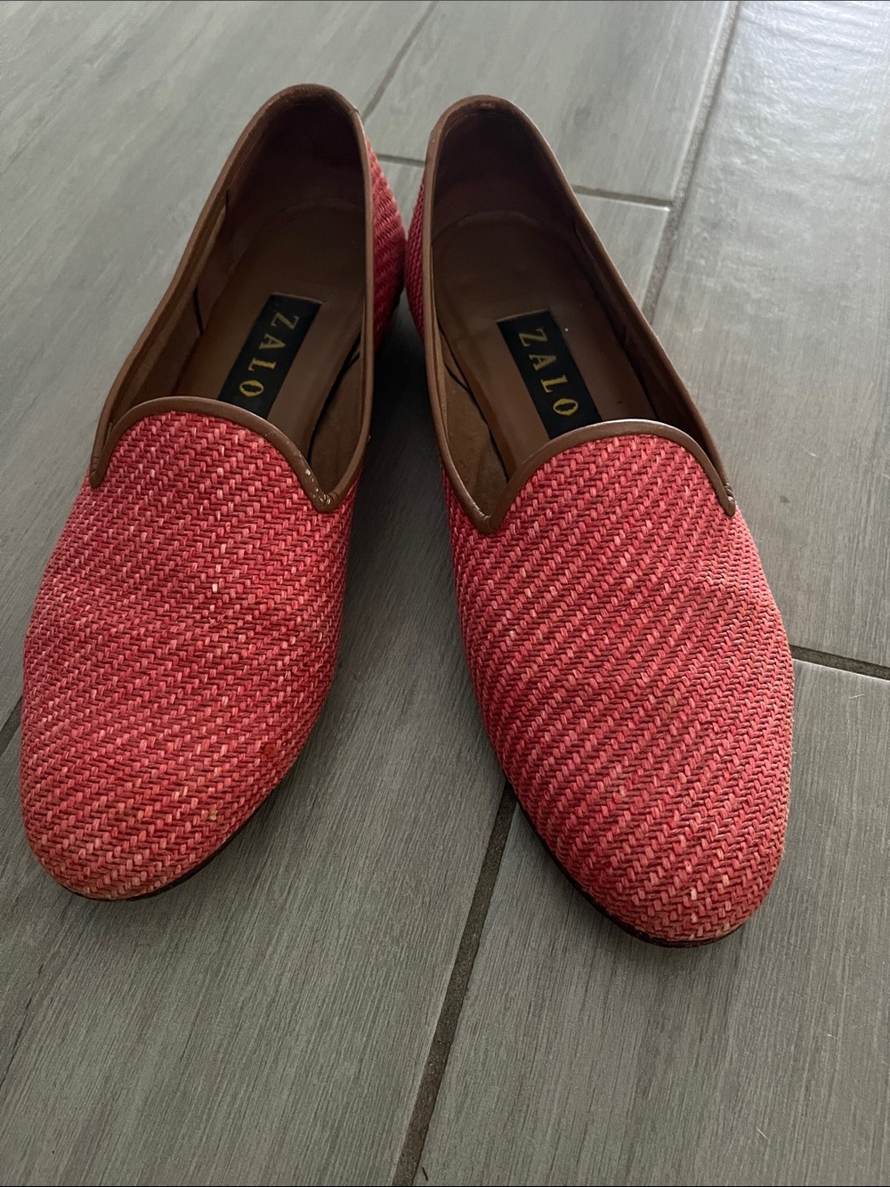 Zalo Women's Coral Red Woven Slip-On Loafers with Brown Trim